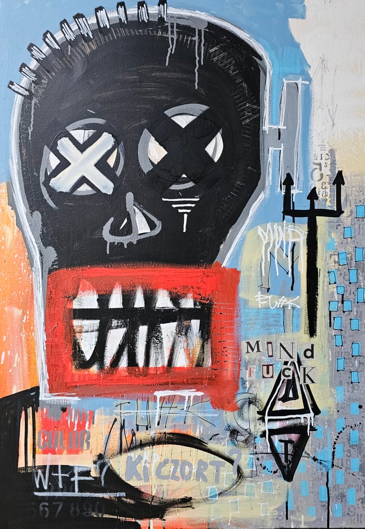 KI CZORT? – Kamil Jaczyński, akryl, technika mieszana, graffiti, kolaż, 2025