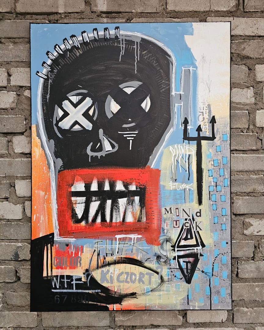 KI CZORT? – Kamil Jaczyński, akryl, technika mieszana, graffiti, kolaż, 2025