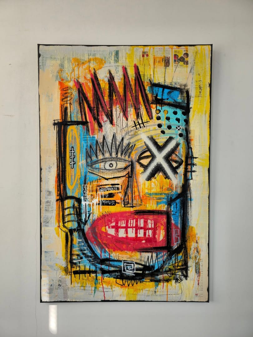 It's him again – Kamil Jaczyński, akryl, kolaż, graffiti, technika mieszana, 2024