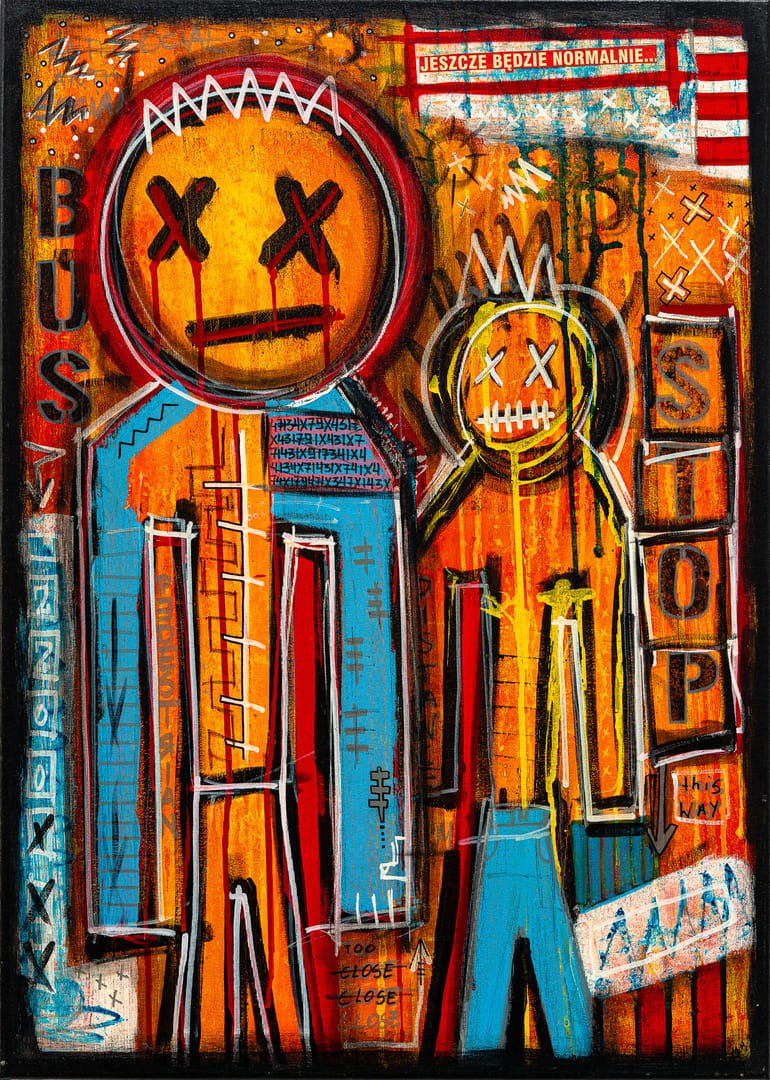 Quarrel at the bus stop – Kamil Jaczyński, akryl, 2019
