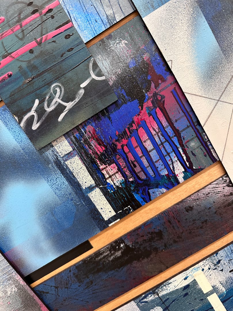 EGO II – Przemysław Robert Chochół, akryl, graffiti, technika mieszana, technika własna, kolaż, 2023