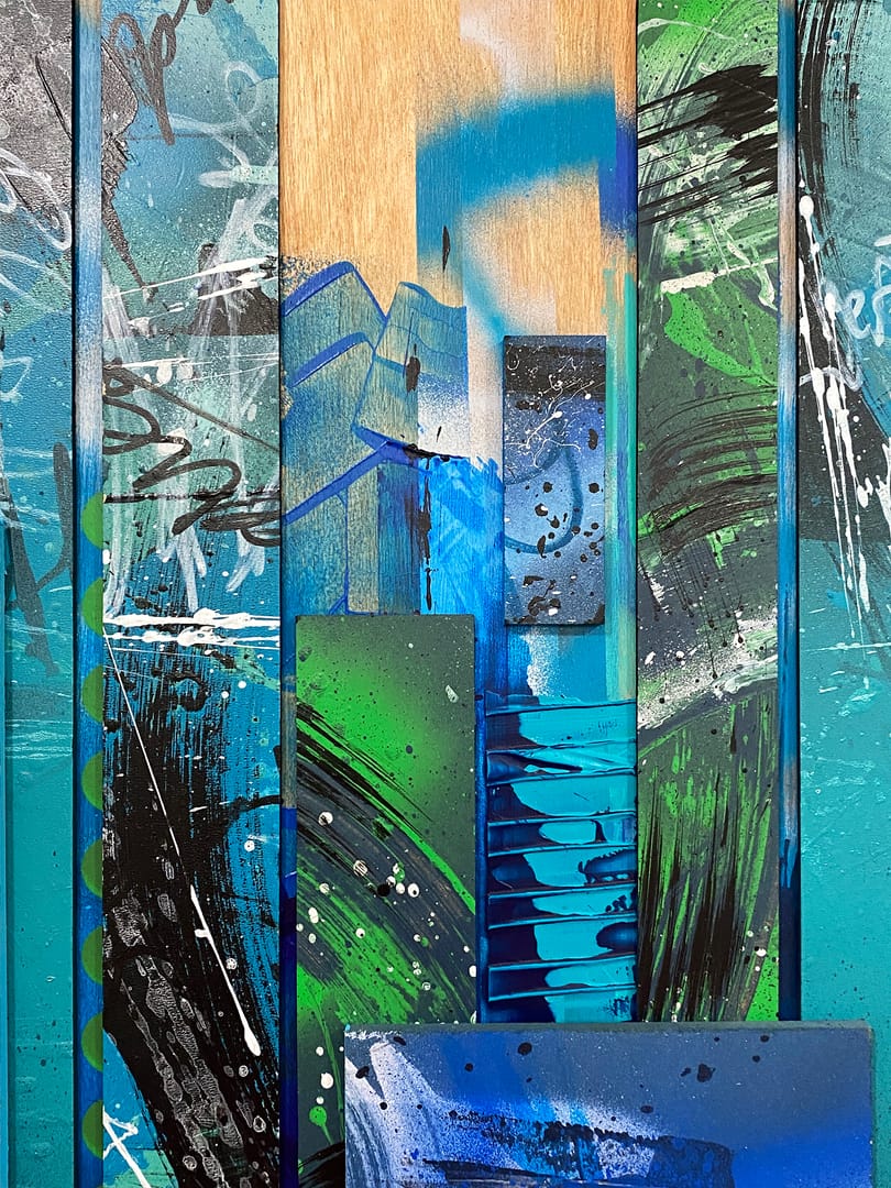 Forest City – Przemysław Robert Chochół, kolaż, technika własna, technika mieszana, akryl, graffiti, 2023