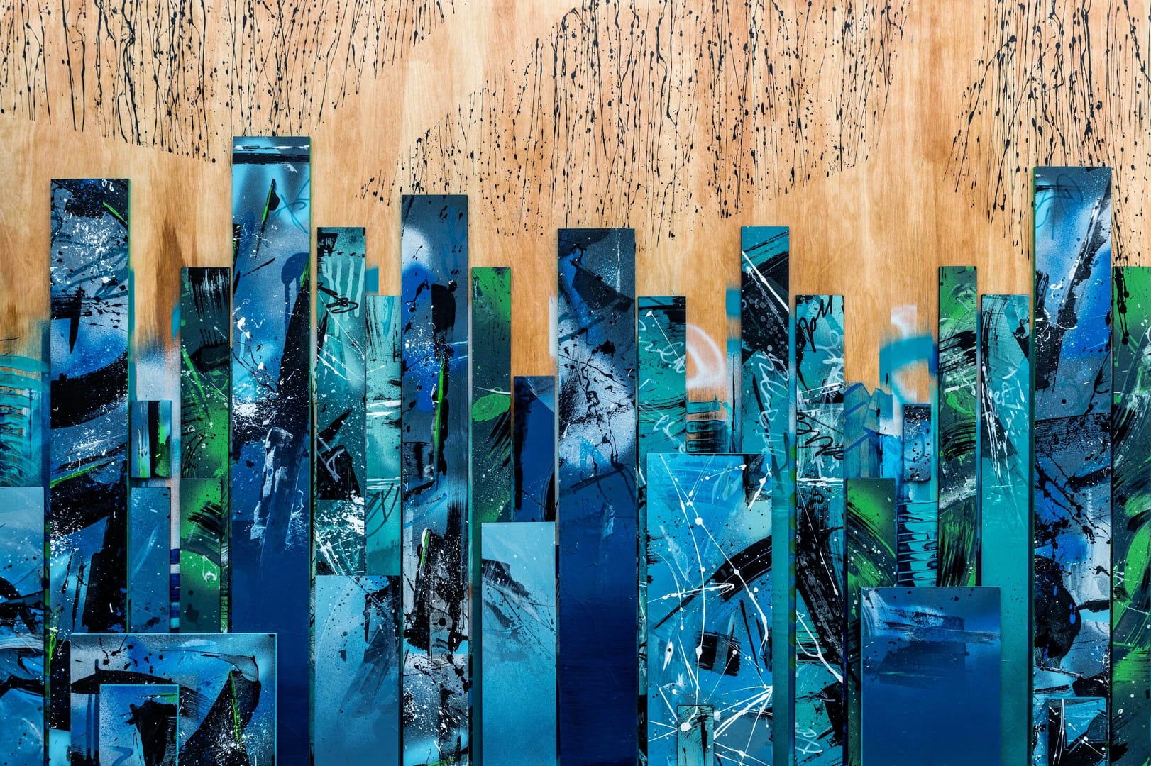 Forest City – Przemysław Robert Chochół, kolaż, technika własna, technika mieszana, akryl, graffiti, 2023