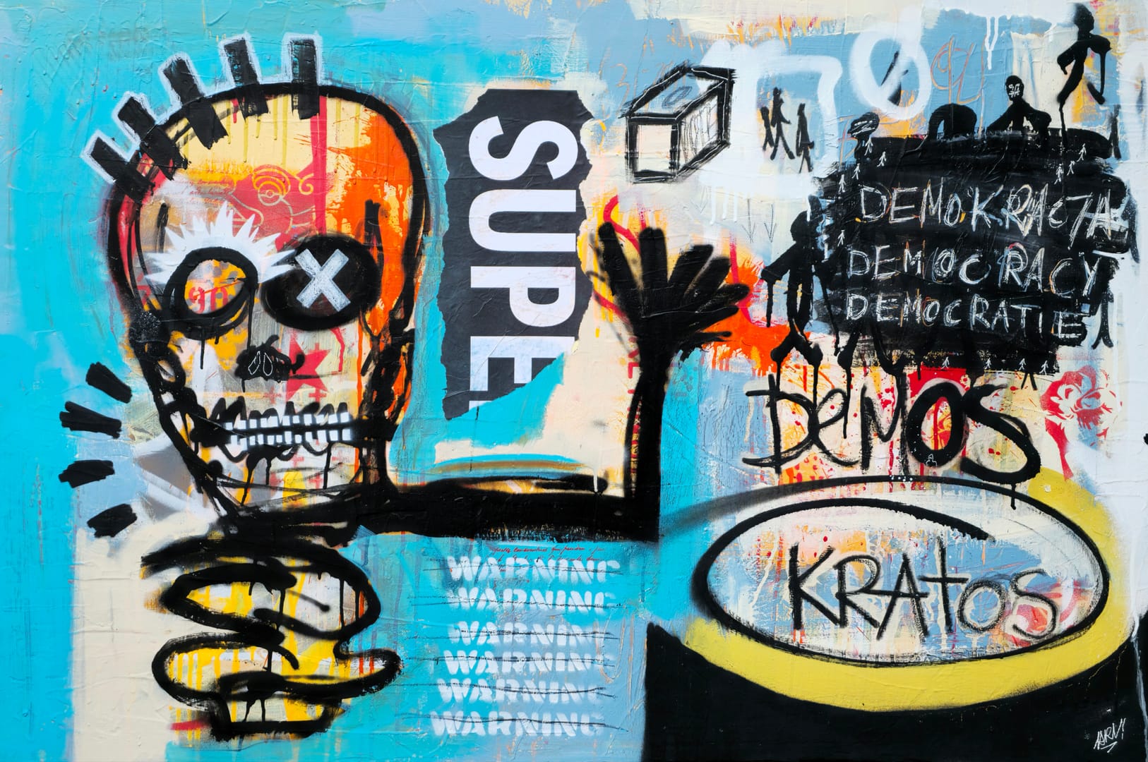 Demos Kratos – Kamil Jaczyński, akryl, kolaż, graffiti, technika mieszana, 2025
