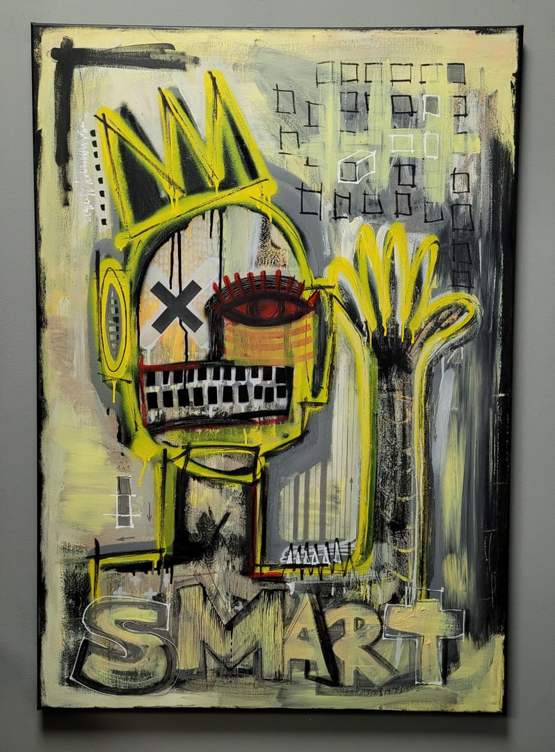 Smart Guy – Kamil Jaczyński, akryl, graffiti, kolaż, technika mieszana, 2023