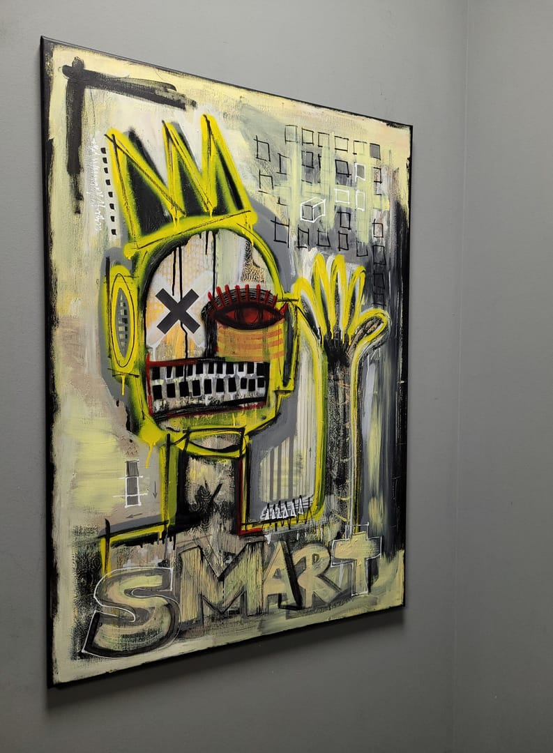 Smart Guy – Kamil Jaczyński, akryl, graffiti, kolaż, technika mieszana, 2023