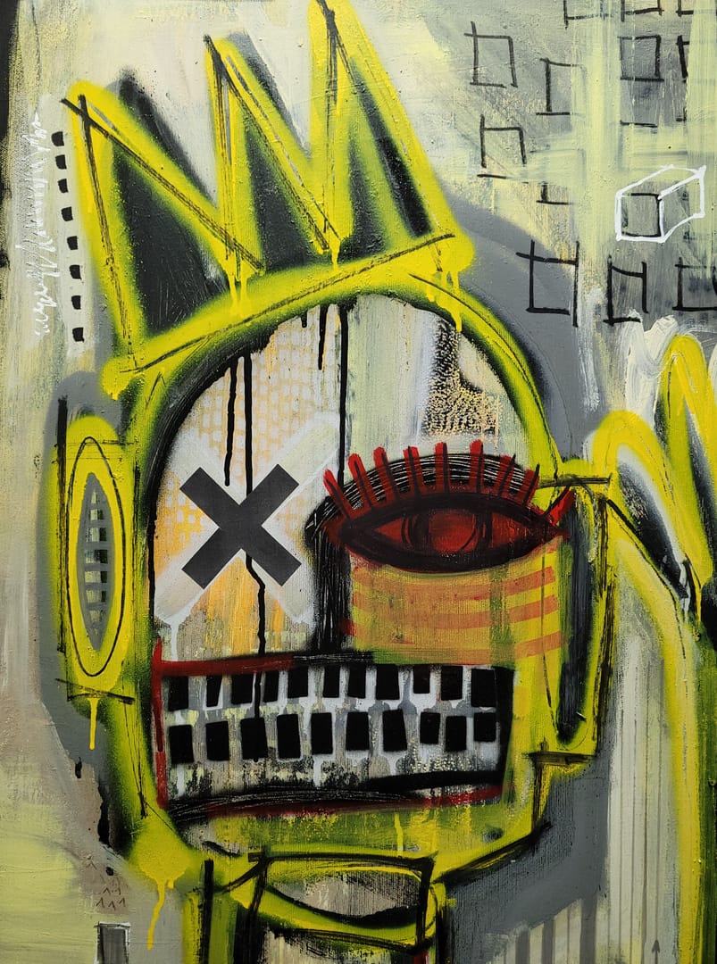 Smart Guy – Kamil Jaczyński, akryl, graffiti, kolaż, technika mieszana, 2023