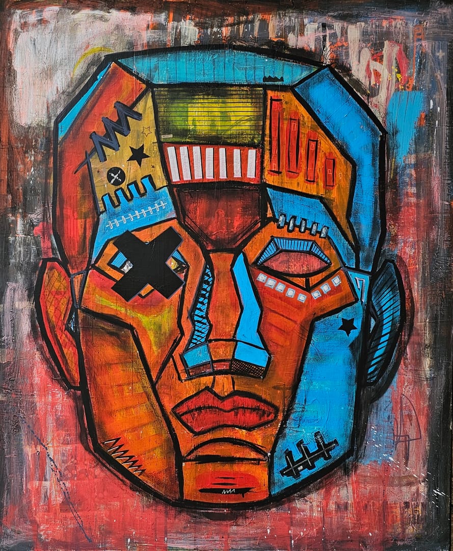 PROMETEUS – Kamil Jaczyński, akryl, kolaż, graffiti, technika mieszana, 2025