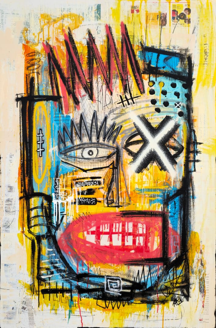 It's him again – Kamil Jaczyński, akryl, kolaż, graffiti, technika mieszana, 2024