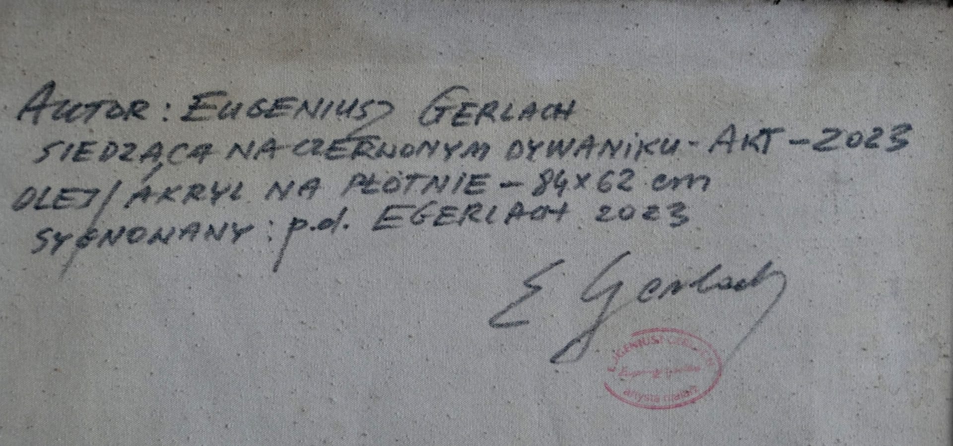 Siedząca na czerwonym dywaniku - akt, 2023 – Eugeniusz Gerlach, olej, akryl, 2023