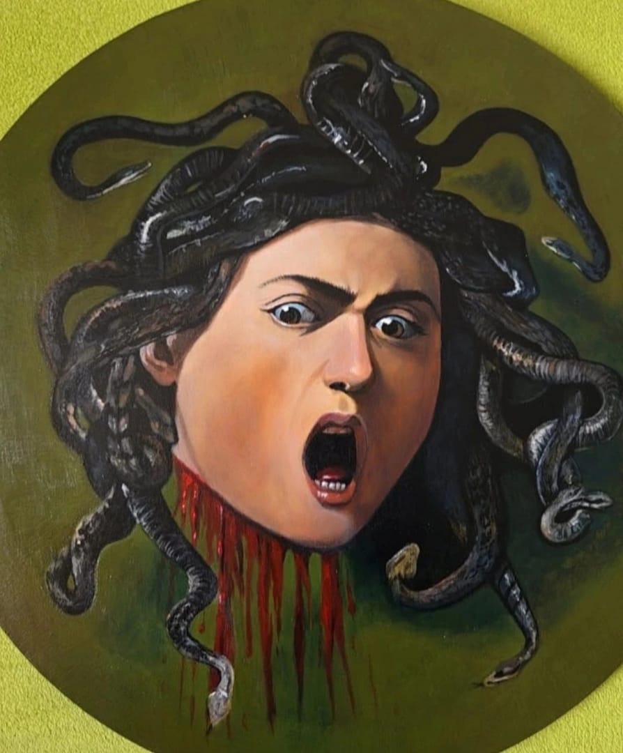 Współczesna kopia obrazu pt. "Głowa Meduzy" według Caravaggio – Izabela Jereczyńska, akryl, 2026