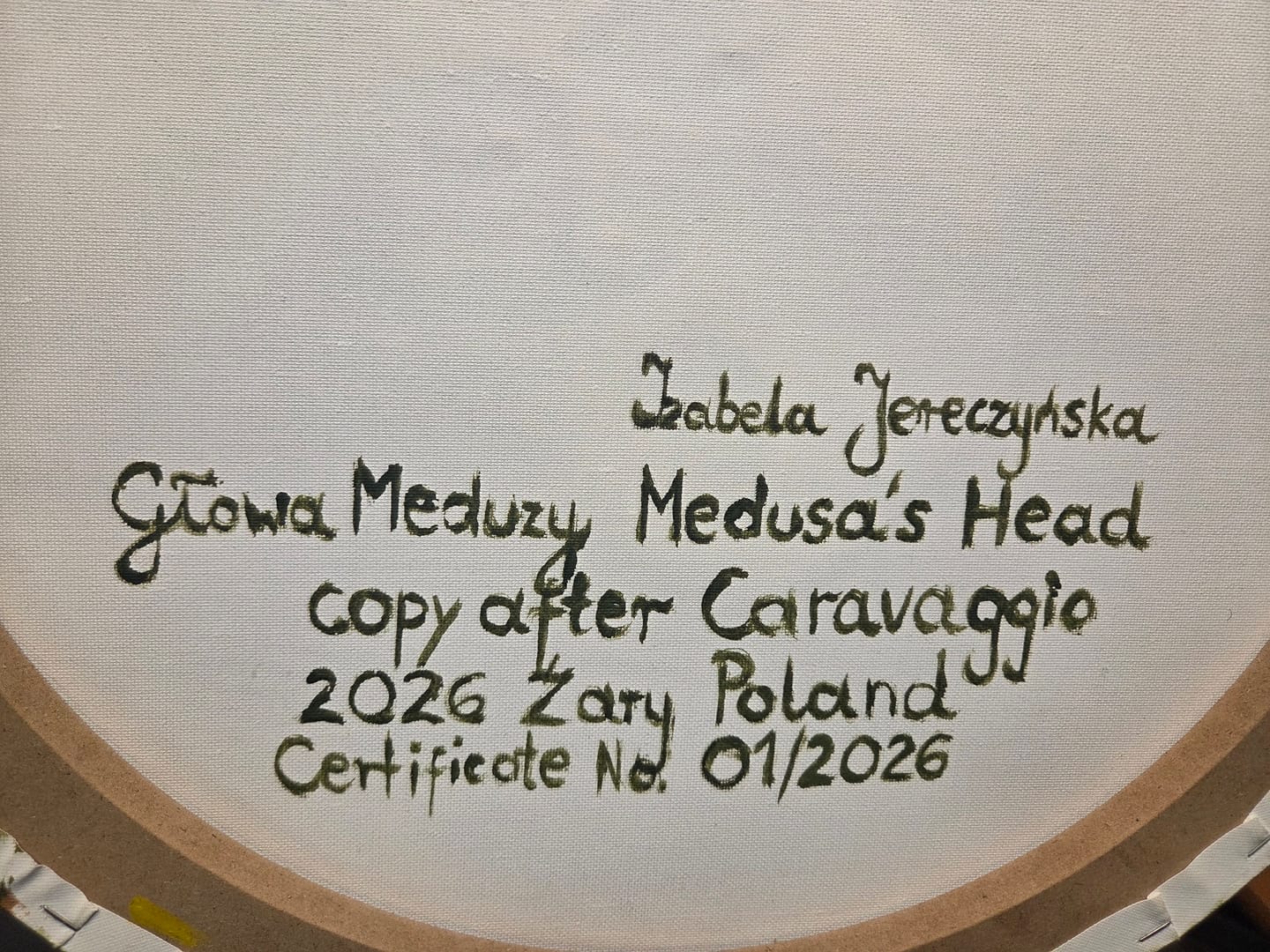 Współczesna kopia obrazu pt. "Głowa Meduzy" według Caravaggio – Izabela Jereczyńska, akryl, 2026