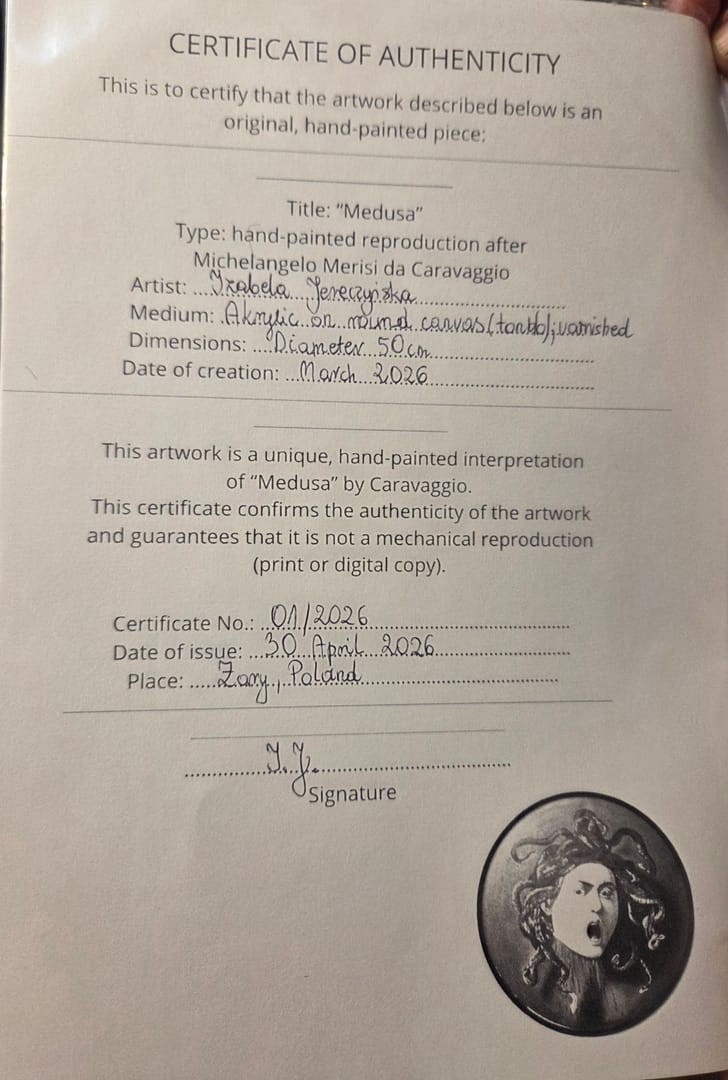 Współczesna kopia obrazu pt. "Głowa Meduzy" według Caravaggio – Izabela Jereczyńska, akryl, 2026