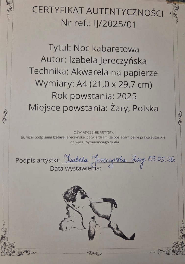 Noc kabaretowa – Izabela Jereczyńska, akwarela, technika mieszana, 2025
