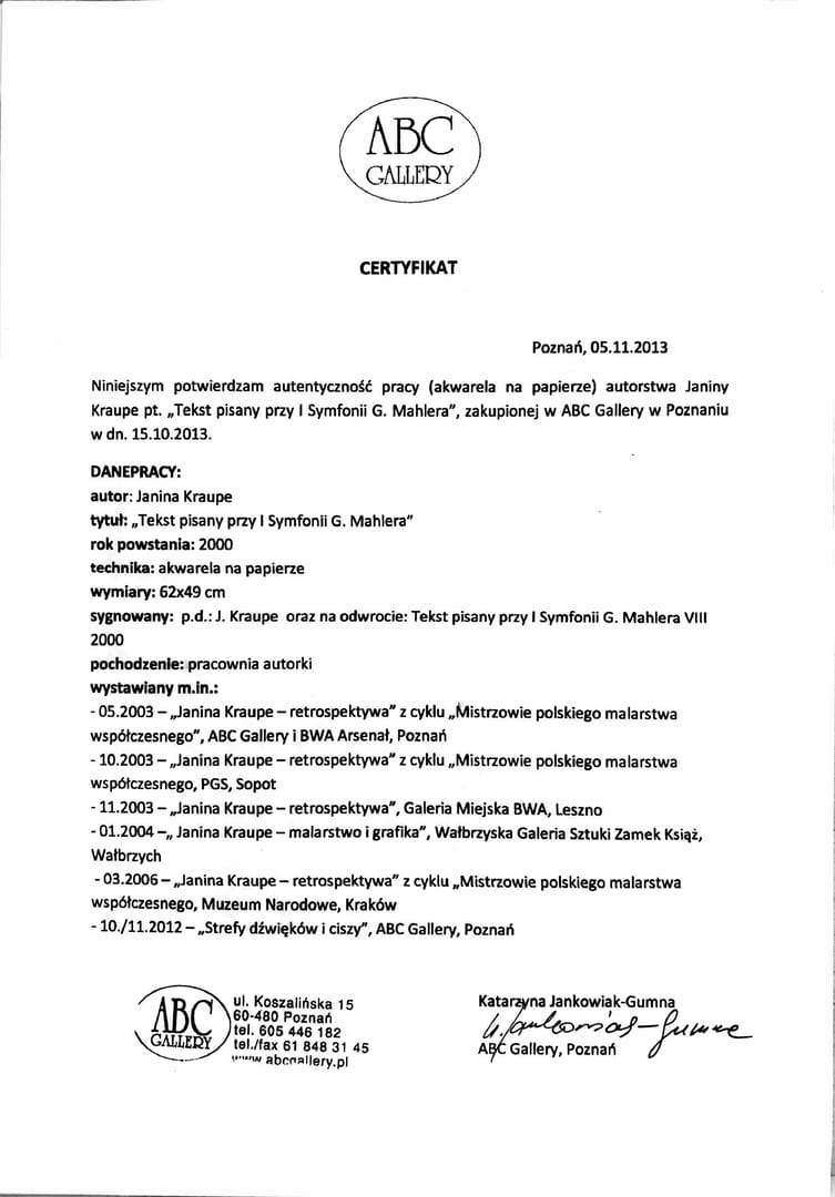 Tekst pisany przy I Symfonii G. Mahlera – Janina Kraupe, akwarela, 2000