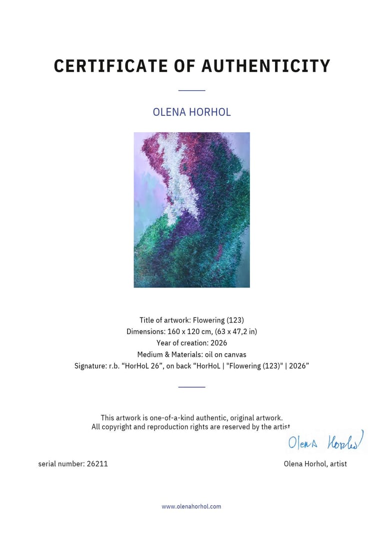 Flowering (123) – Olena Horhol, olej, 2026